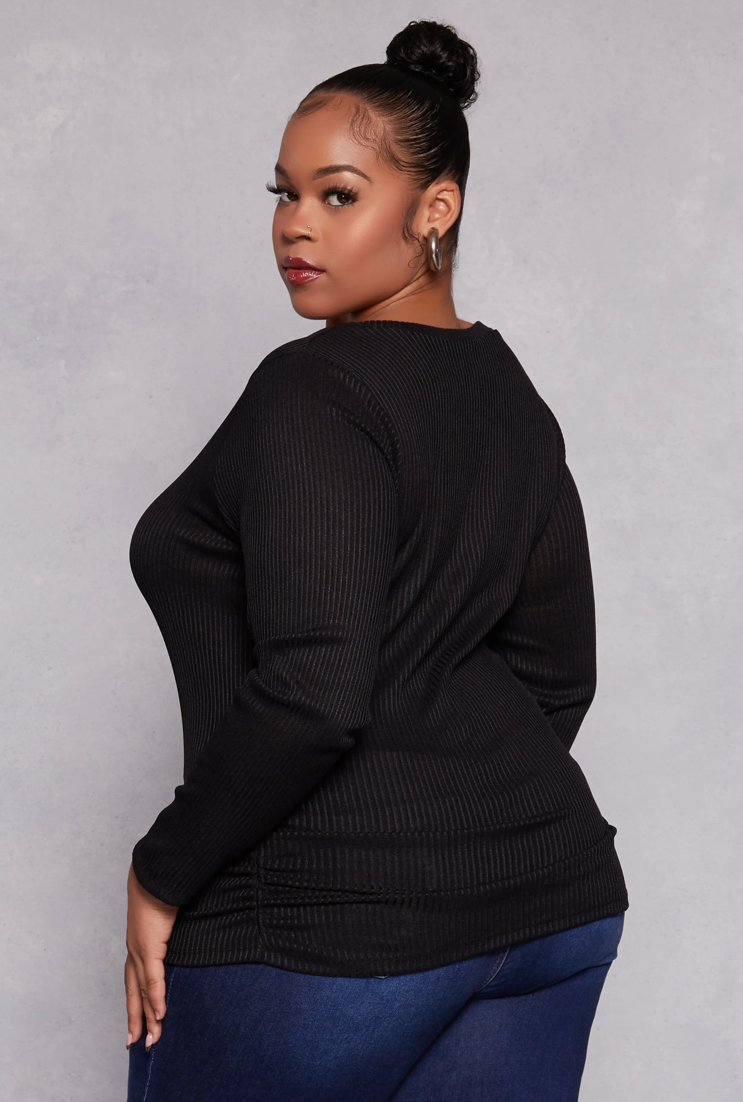 Plus Size Rib Knit Ruched Side V Neck Top sold by Rainbow product image thumbnail 3