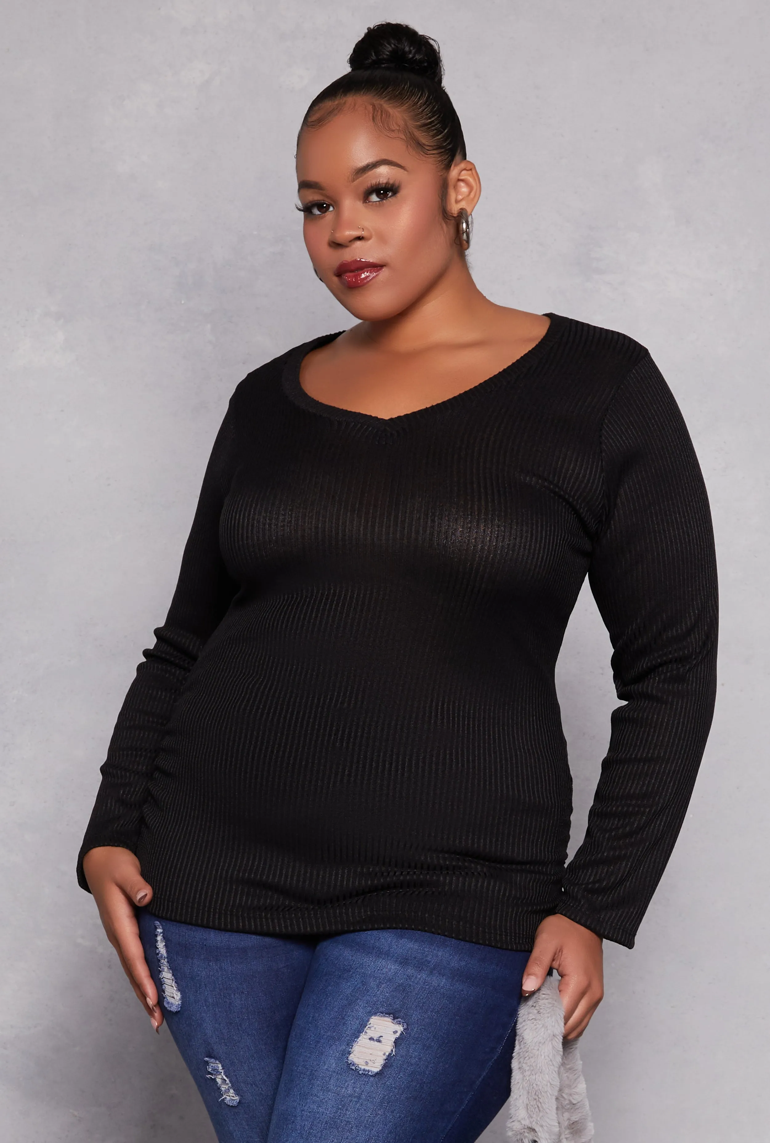 Plus Size Rib Knit Ruched Side V Neck Top sold by Rainbow