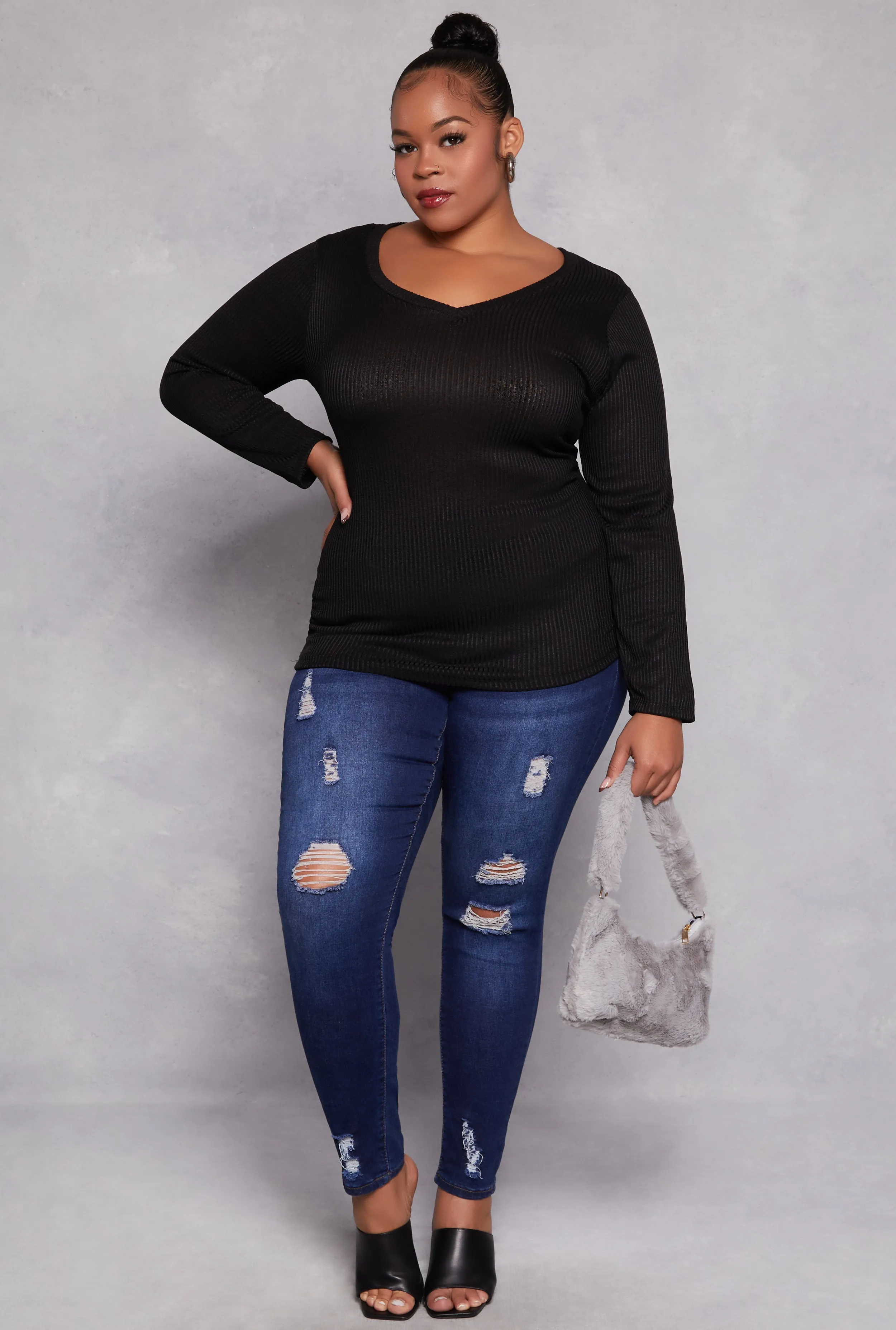 Plus Size Rib Knit Ruched Side V Neck Top sold by Rainbow product image thumbnail 2