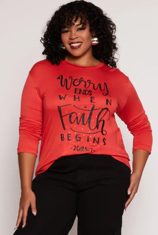 Plus Size Worry Ends When Faith Begins Tee sold by Rainbow