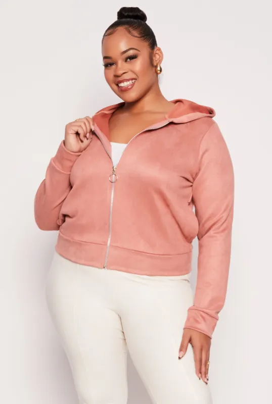 Plus Size Faux Suede Zip Front Hoodie sold by Rainbow