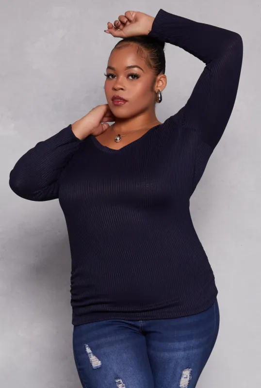 Plus Size Rib Knit Ruched Side V Neck Top sold by Rainbow