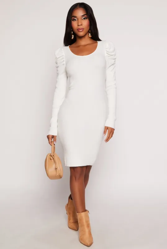 Rib Knit Puff Sleeve Sweater Dress sold by Rainbow