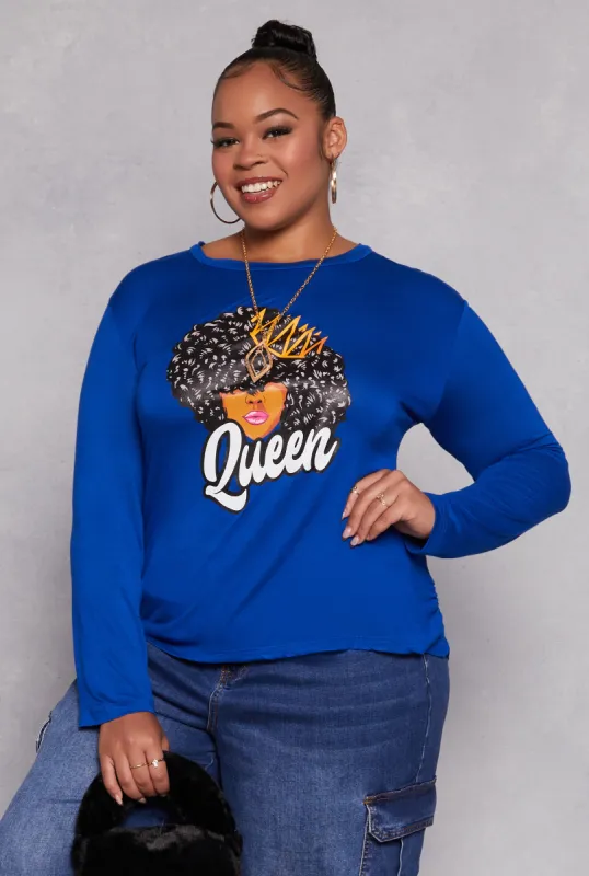 Plus Size Queen Graphic Long Sleeve Top with Necklace sold by Rainbow