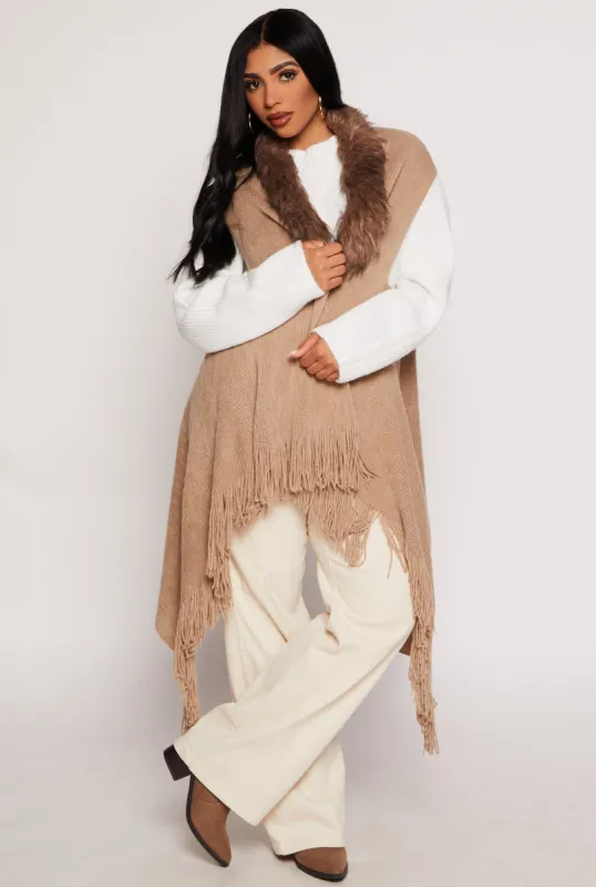 Fur Collar Fringed Sleeveless Poncho sold by Rainbow