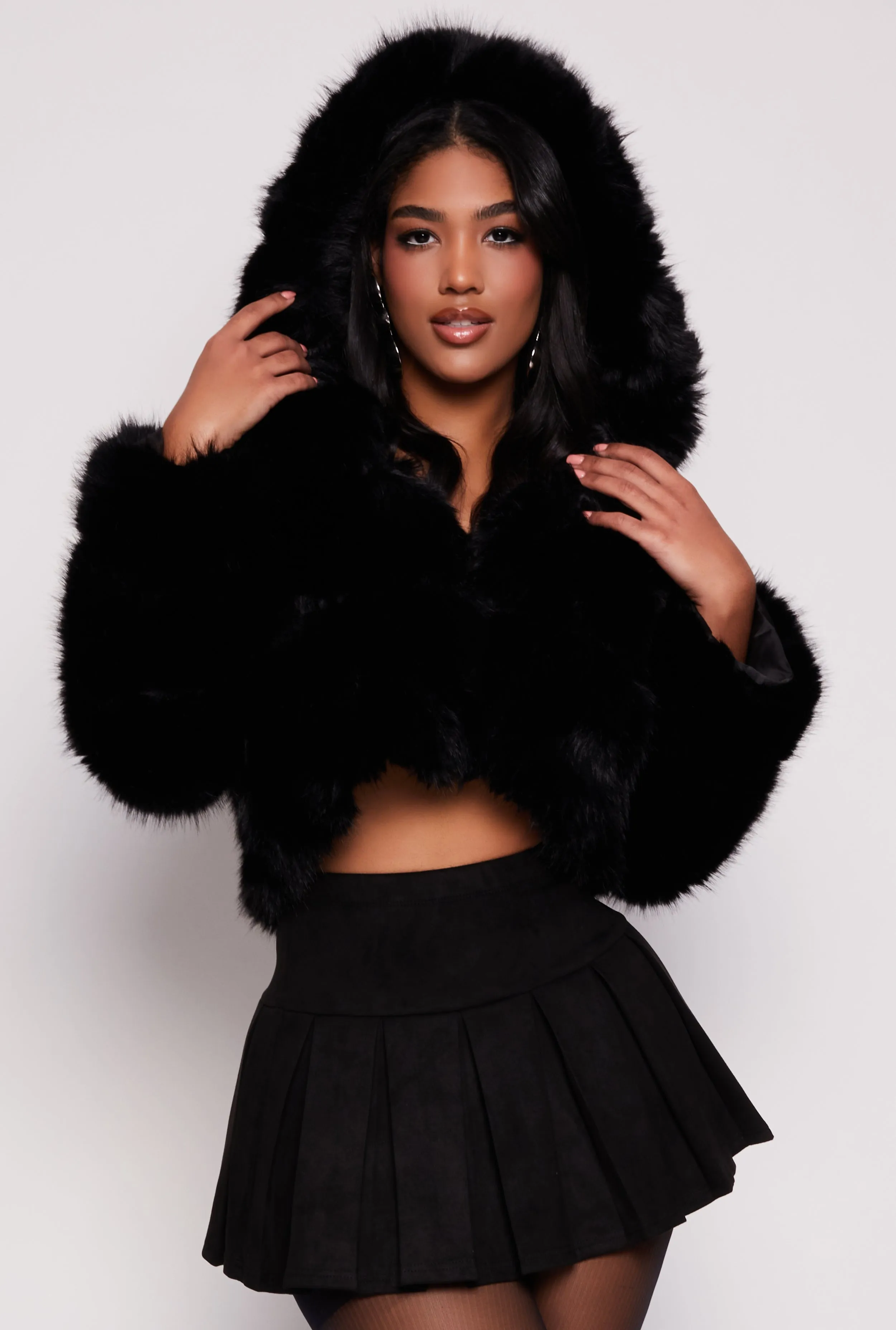 Faux Fur Hooded Cropped Jacket sold by Rainbow