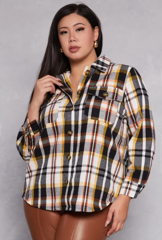 Plus Size Plaid Flannel Button Front Shacket sold by Rainbow