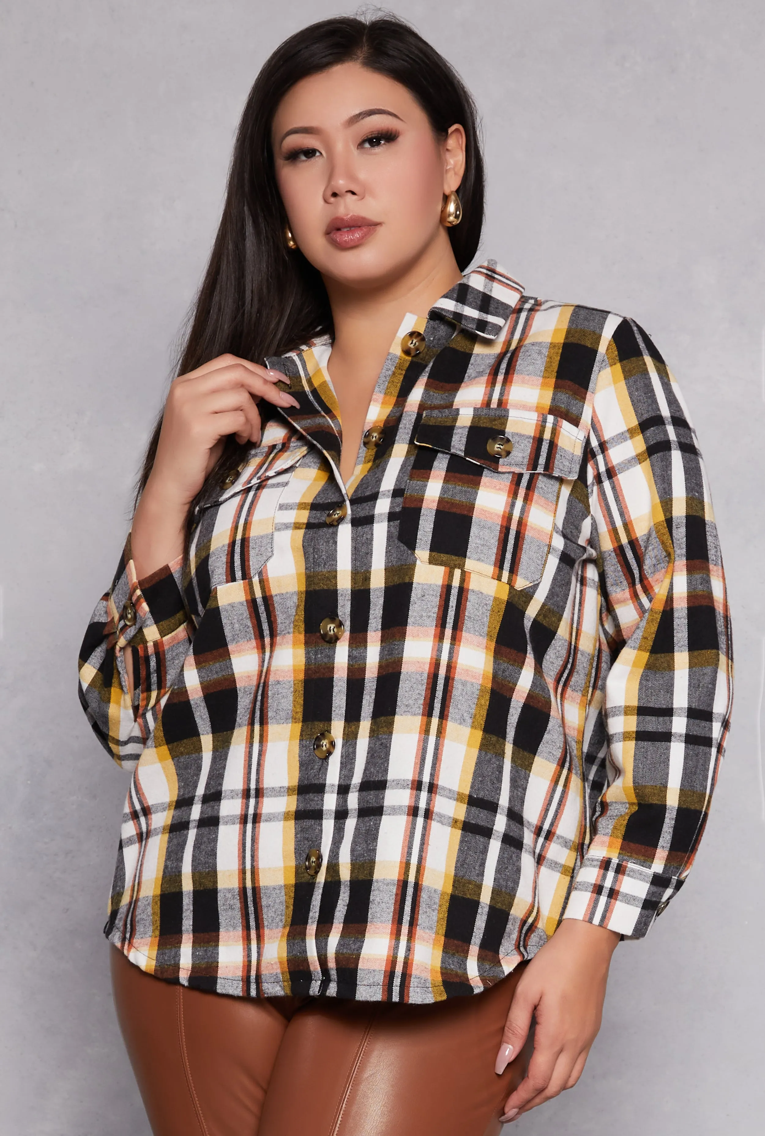 Plus Size Plaid Flannel Button Front Shacket sold by Rainbow
