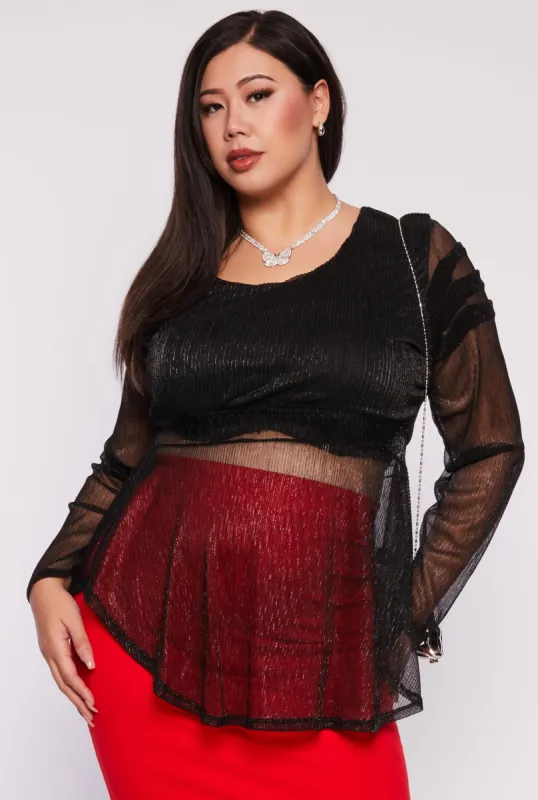 Plus Size Lurex Plisse Peplum Blouse sold by Rainbow