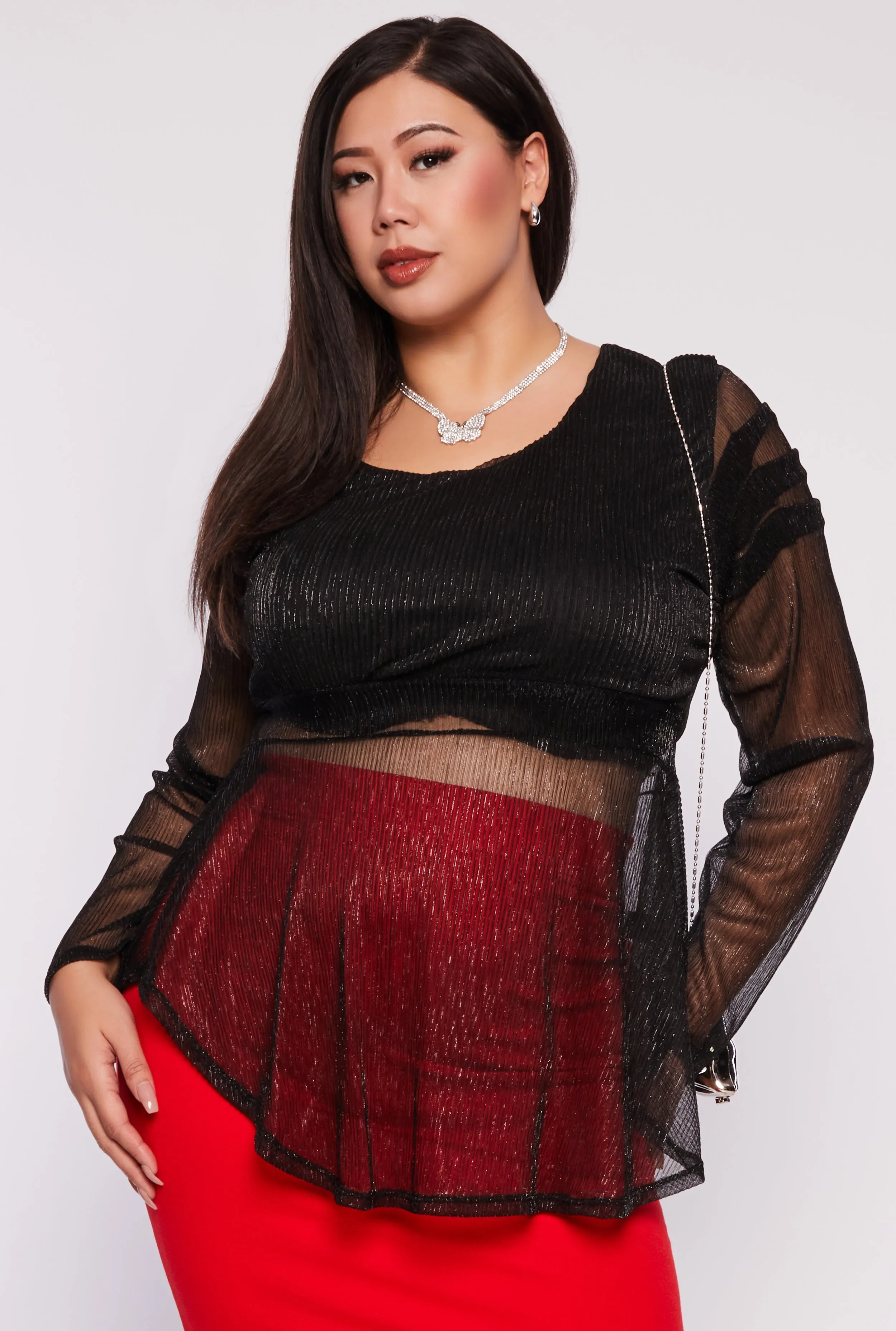 Plus Size Lurex Plisse Peplum Blouse sold by Rainbow
