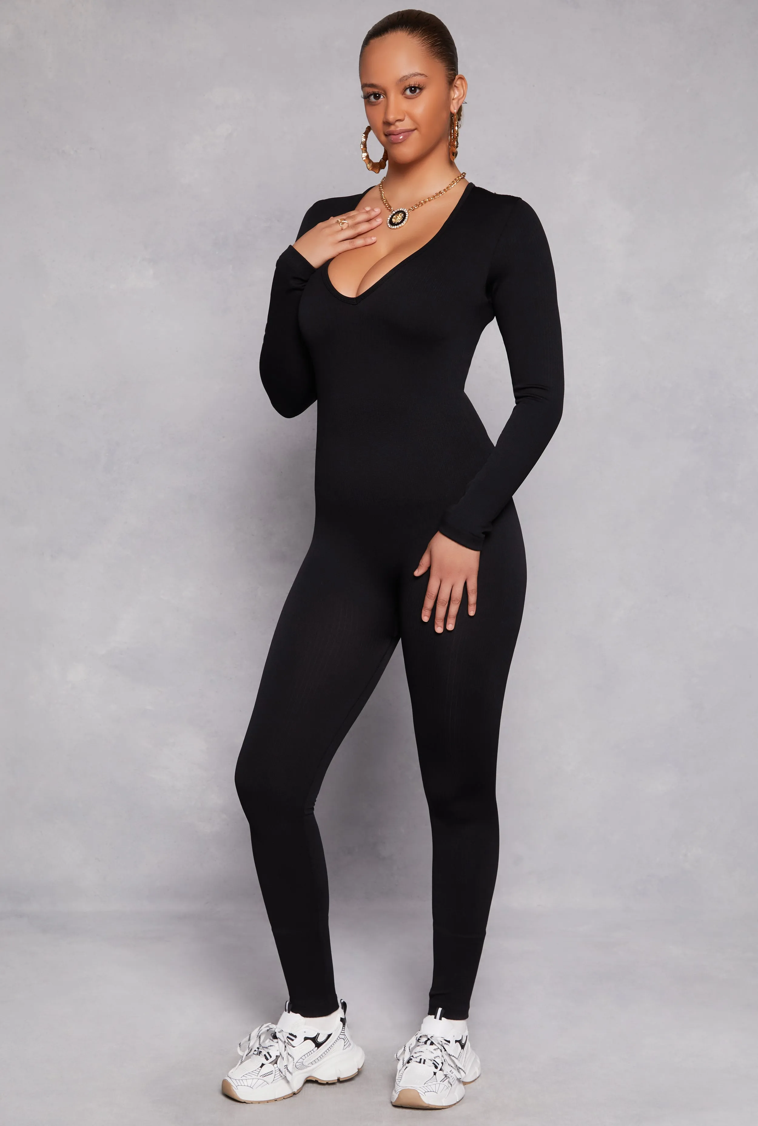 Seamless Rib Knit Plunge Long Sleeve Catsuit sold by Rainbow product image thumbnail 2
