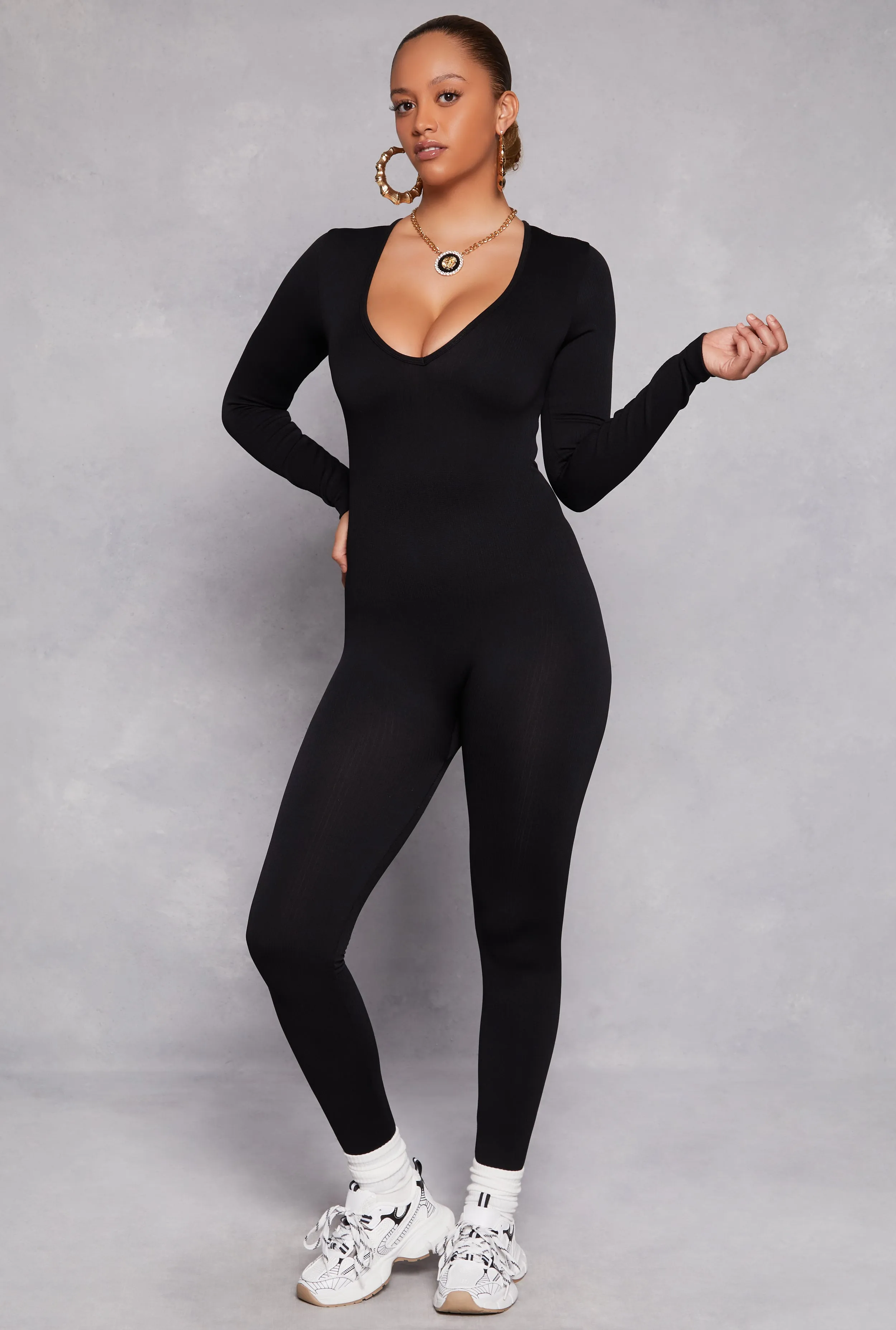 Seamless Rib Knit Plunge Long Sleeve Catsuit sold by Rainbow
