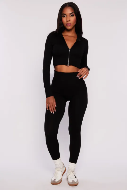 Ribbed Knit Zip Front Crop Top and Leggings Set sold by Rainbow