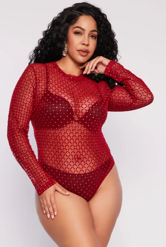 Plus Size Patterned Velvet Burnout Mesh Bodysuit sold by Rainbow