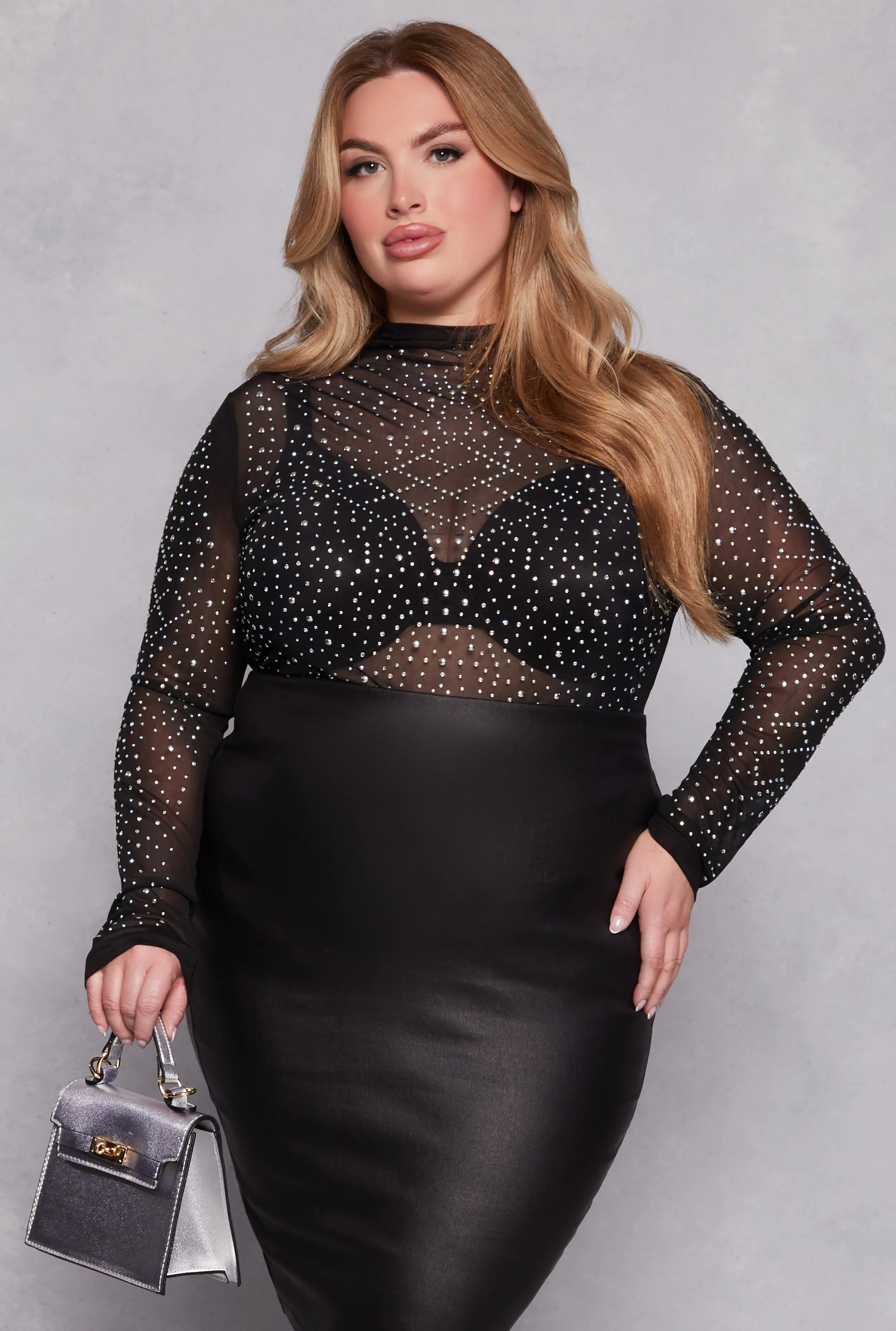 Plus Size Mesh Rhinestone Studded Long Sleeve Top sold by Rainbow