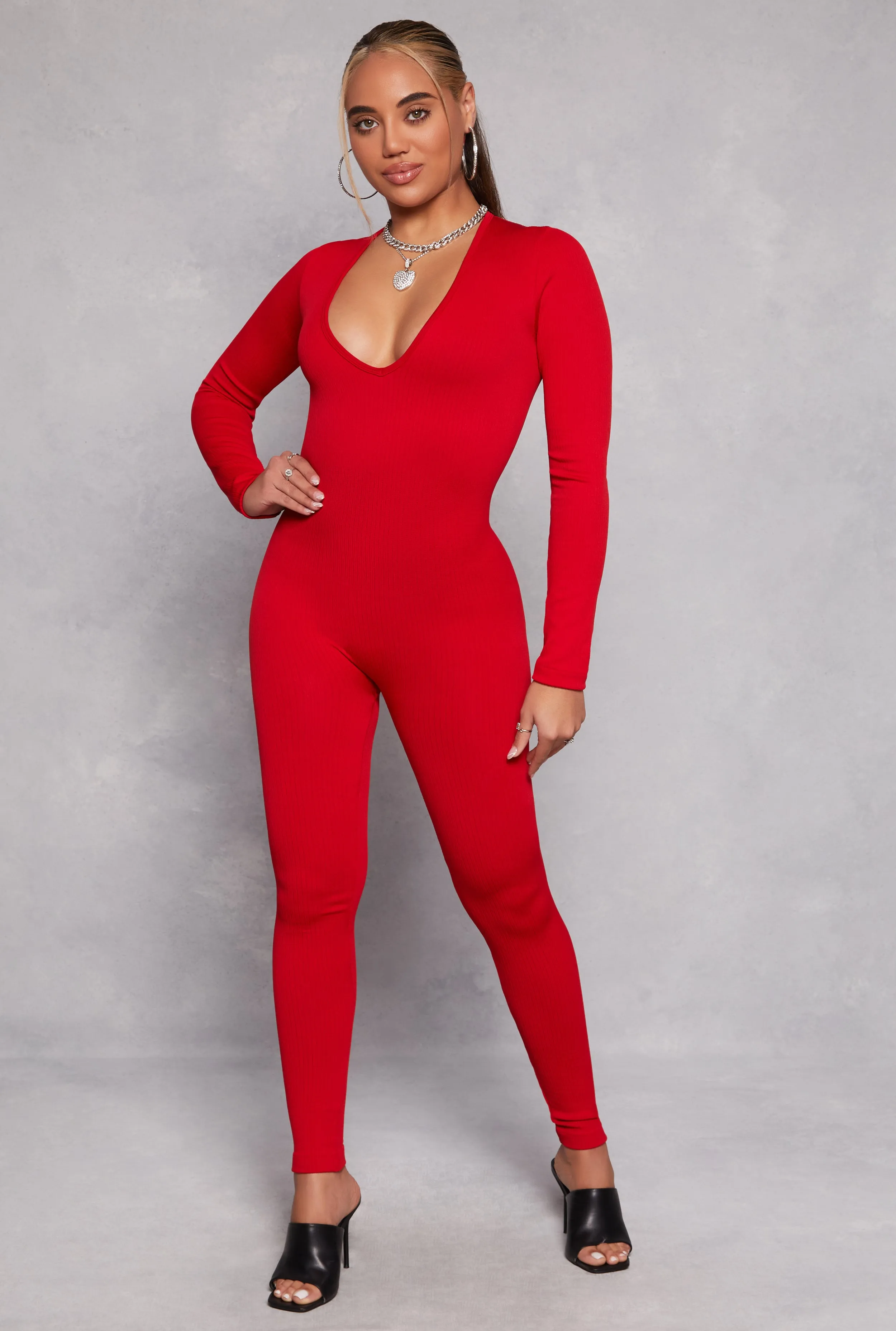 Seamless Rib Knit Plunge Long Sleeve Catsuit sold by Rainbow product image thumbnail 2