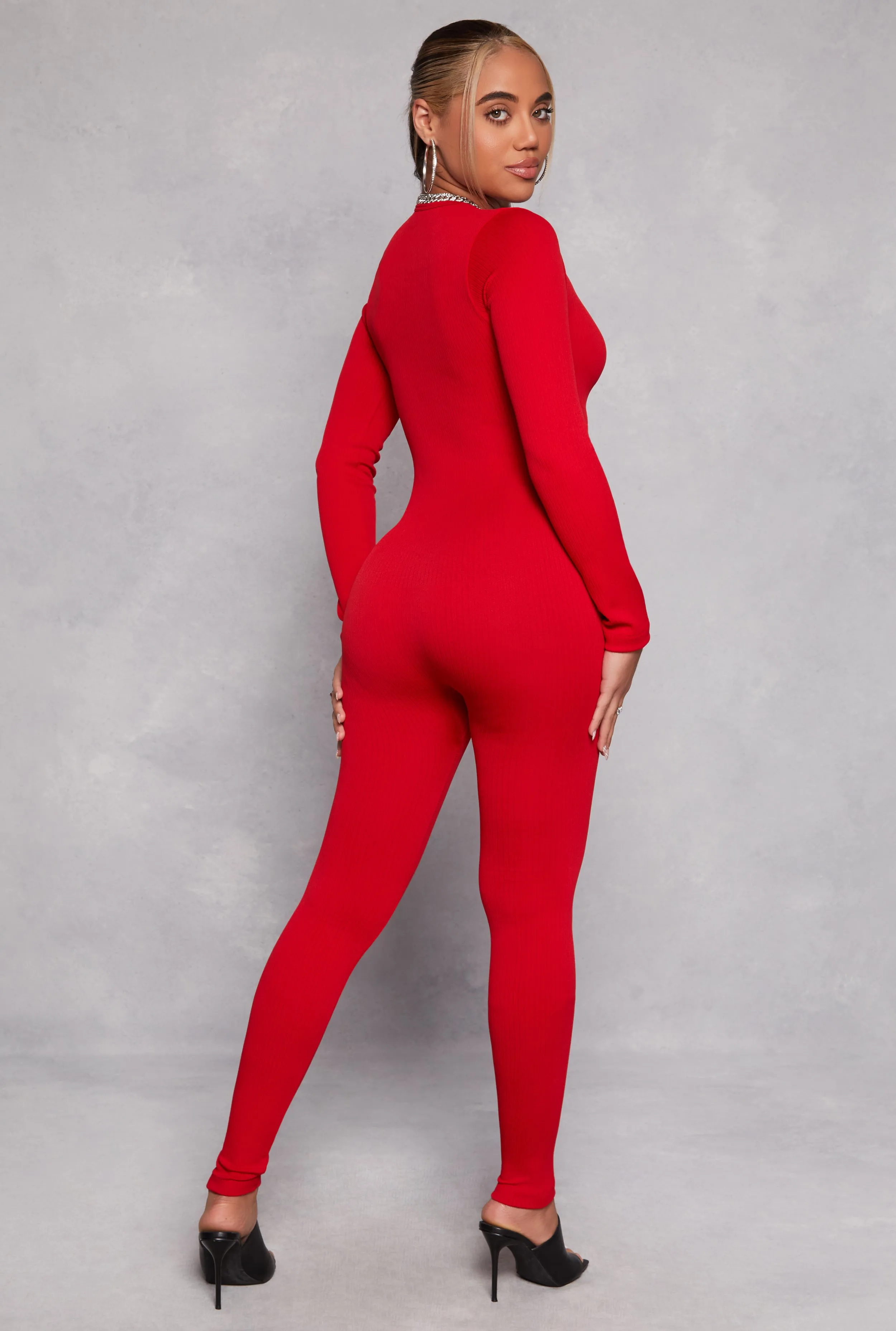 Seamless Rib Knit Plunge Long Sleeve Catsuit sold by Rainbow product image thumbnail 3