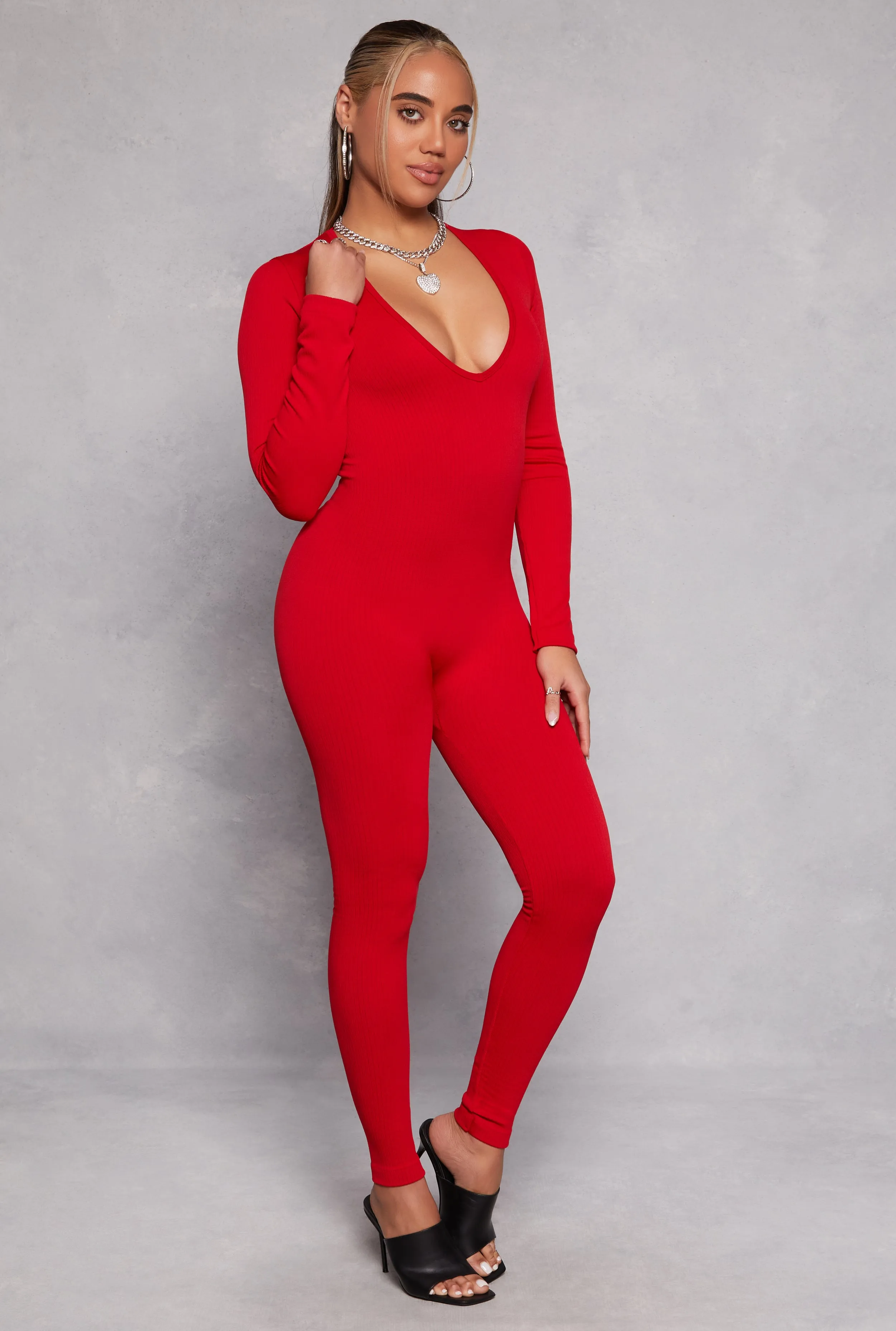 Seamless Rib Knit Plunge Long Sleeve Catsuit sold by Rainbow