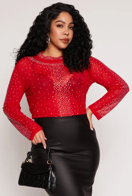 Plus Size Rhinestone Mock Neck Top sold by Rainbow