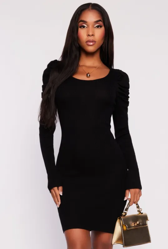 Rib Knit Puff Sleeve Sweater Dress sold by Rainbow