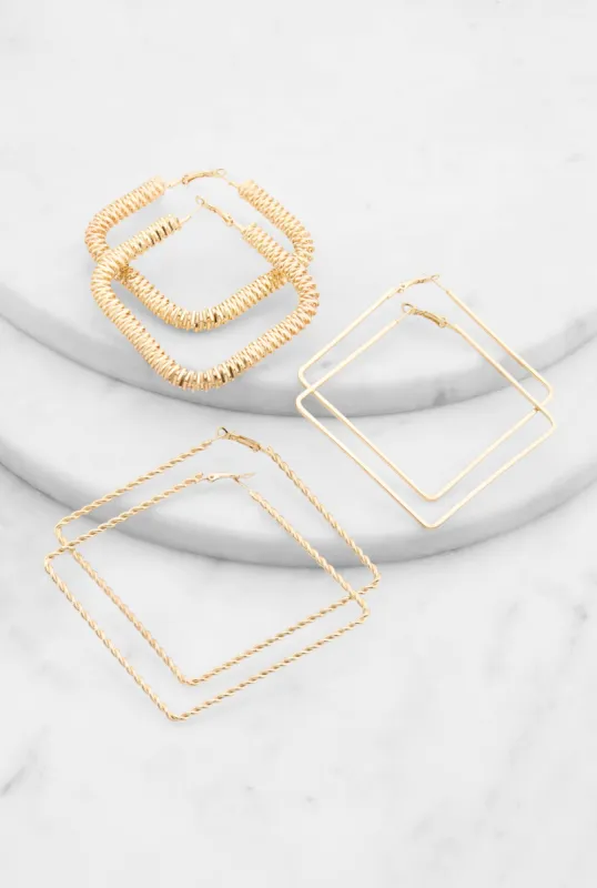 Textured Geometric Shaped Hoop Earring Trio sold by Rainbow