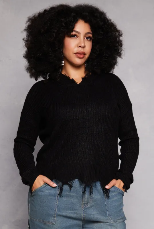 Plus Size Distressed Pullover Hooded Sweater sold by Rainbow