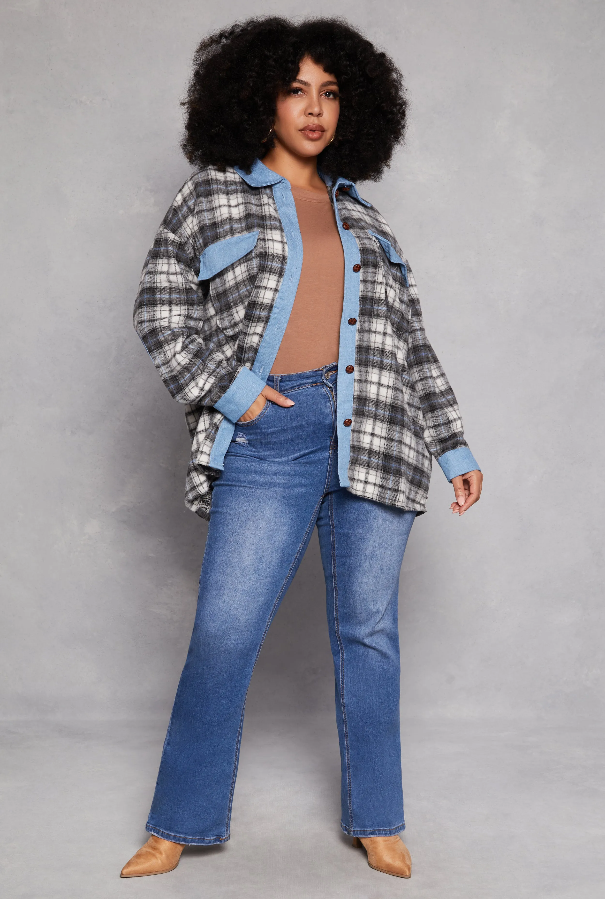 Plus Size Spoon Jeans Denim Trim Plaid Shacket sold by Rainbow product image thumbnail 2