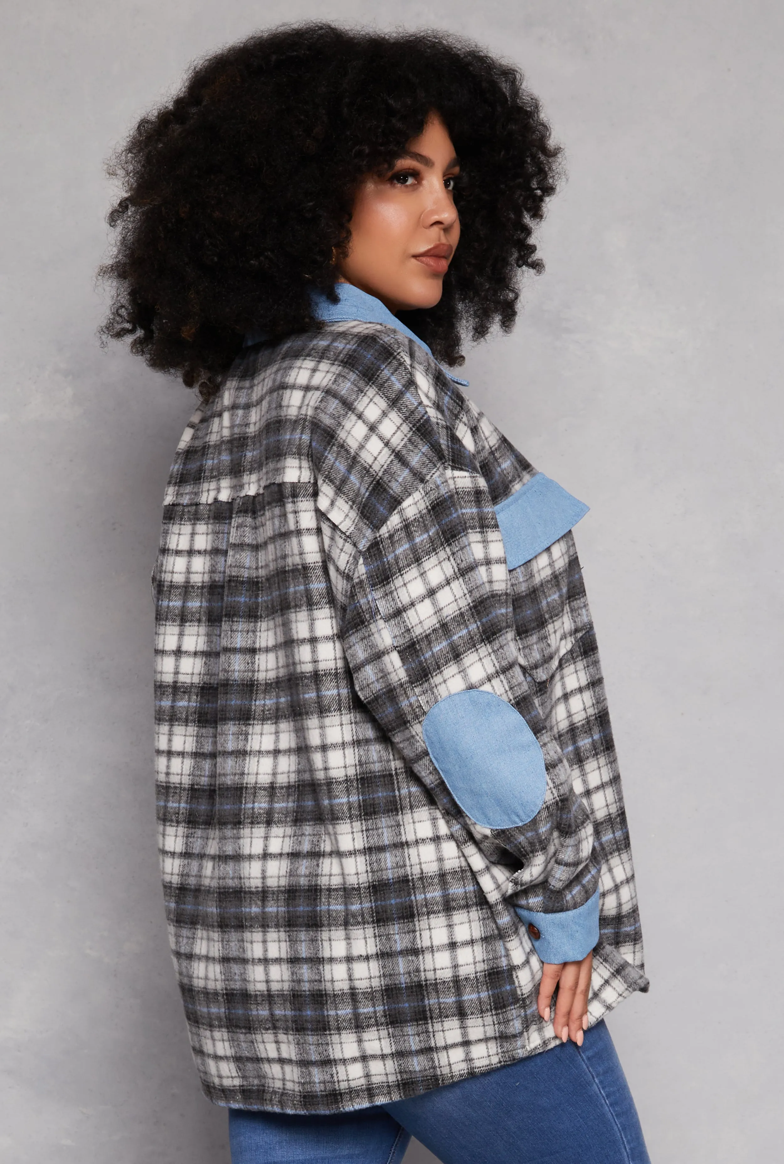 Plus Size Spoon Jeans Denim Trim Plaid Shacket sold by Rainbow product image thumbnail 3