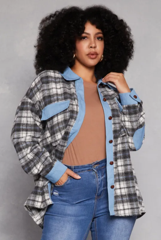 Plus Size Spoon Jeans Denim Trim Plaid Shacket sold by Rainbow