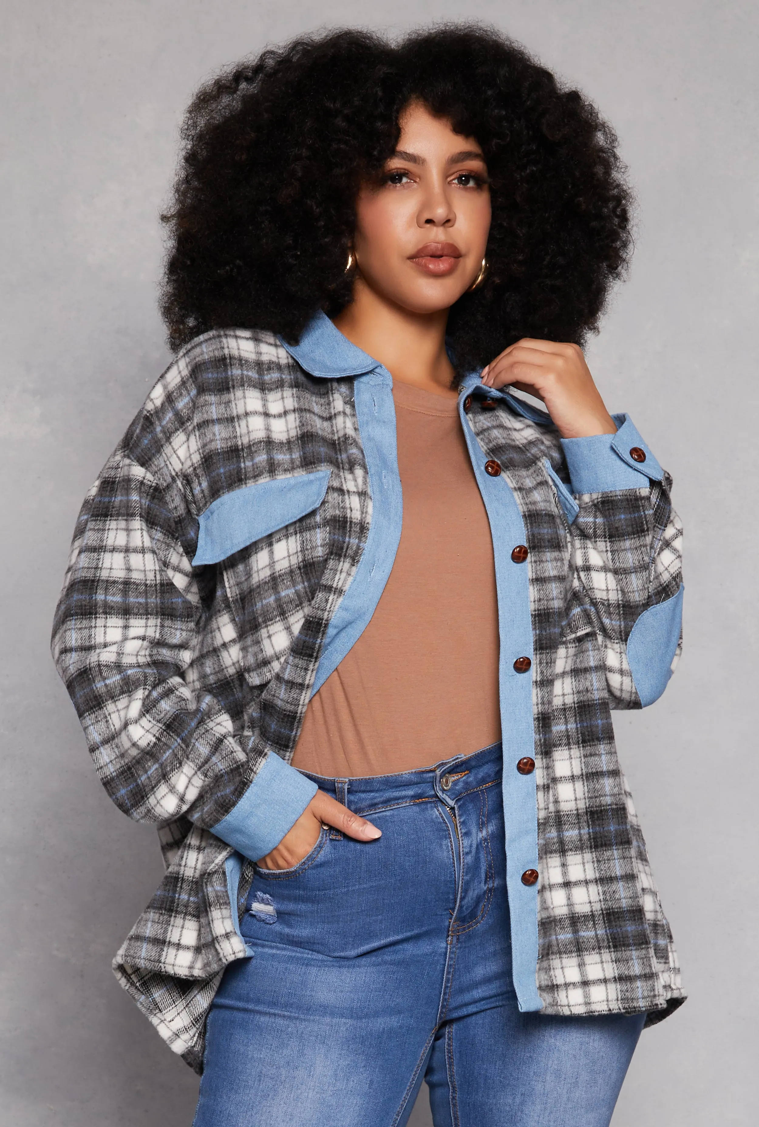 Plus Size Spoon Jeans Denim Trim Plaid Shacket sold by Rainbow