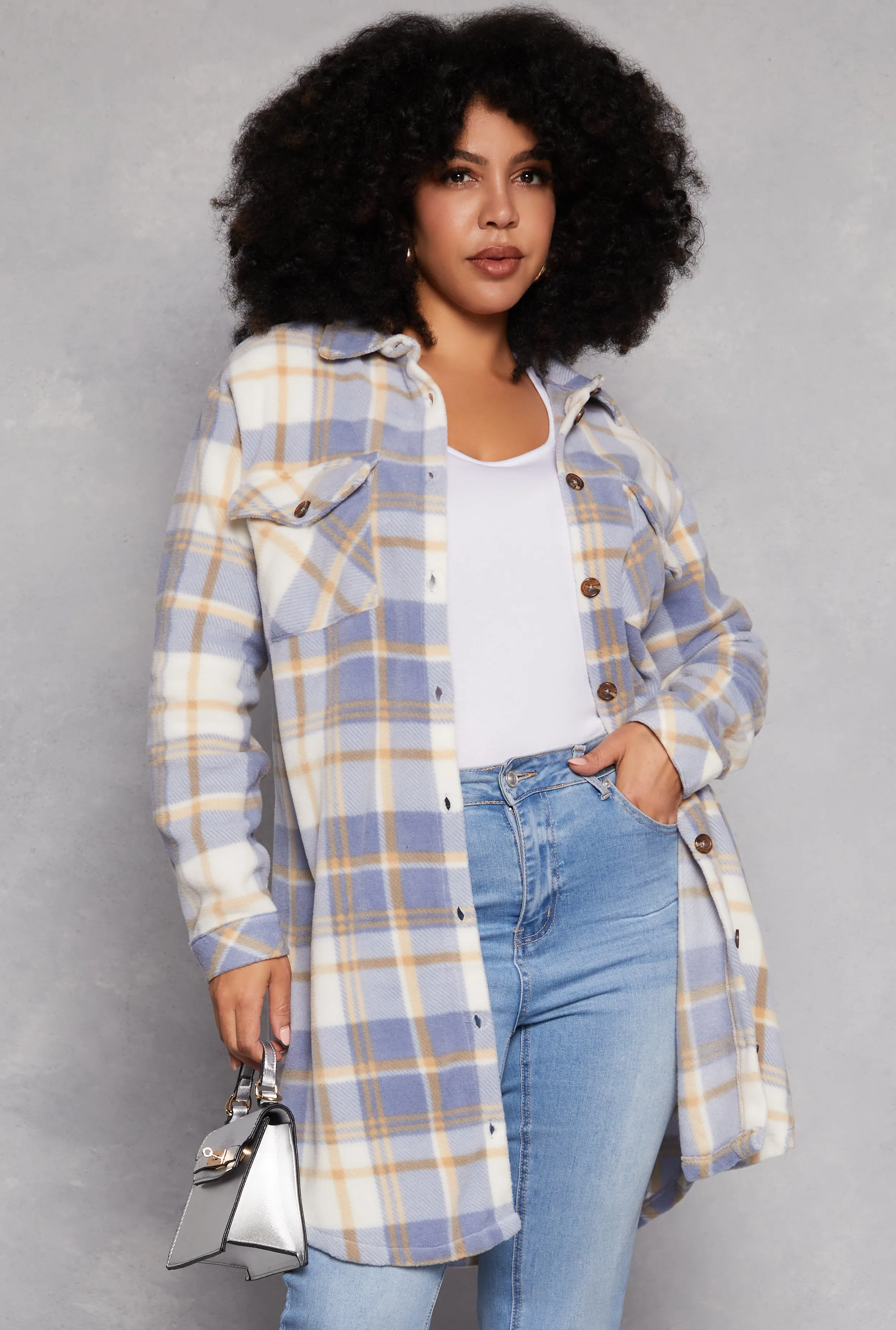 Plus Size Plaid Fleece Long Shacket sold by Rainbow