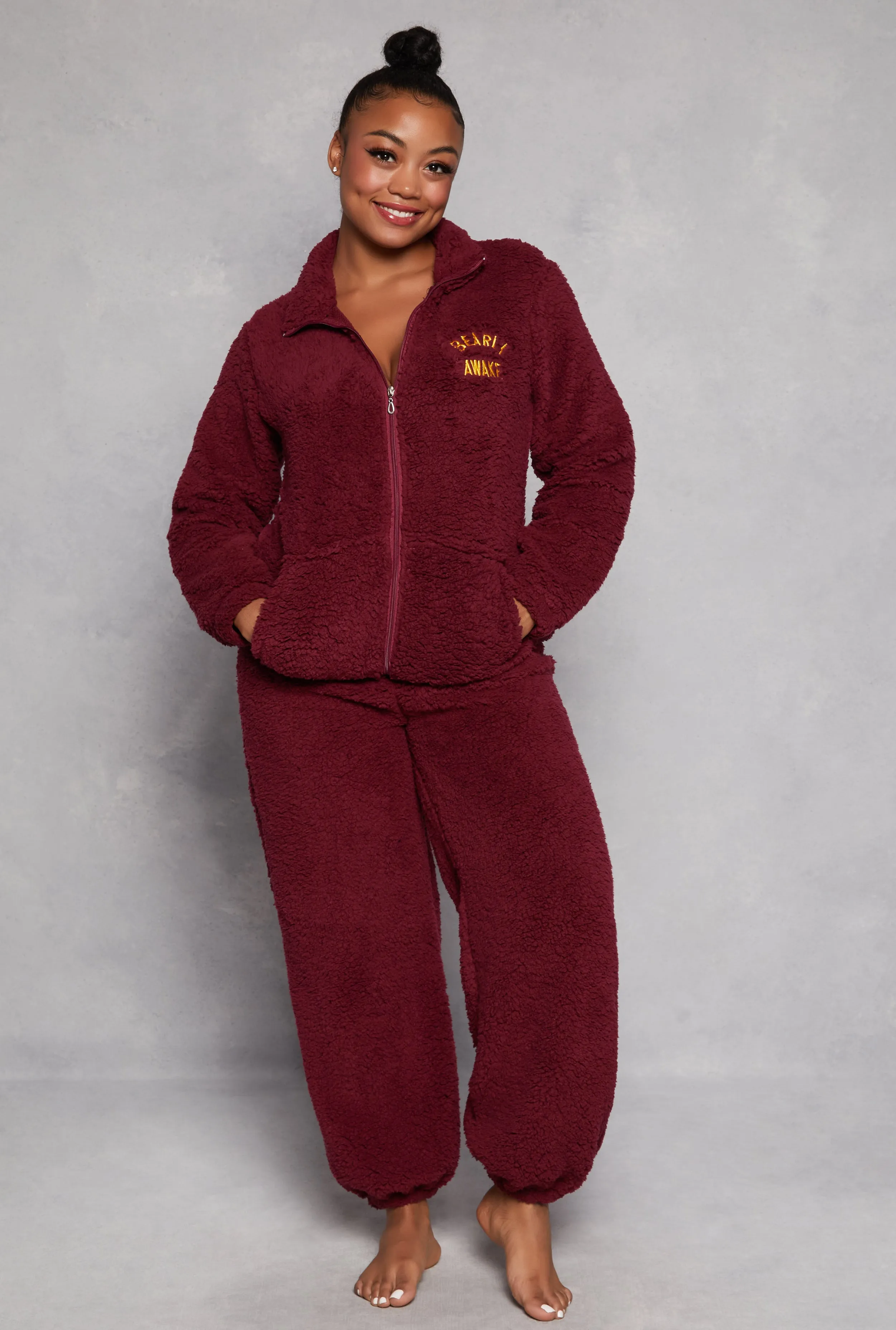 Plus Size Bearly Awake Sherpa Zip Pajama Top and Pants sold by Rainbow