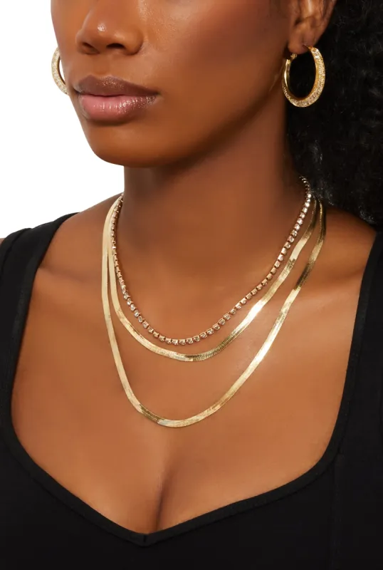 Cubic Zirconia Triple Layered Flat Necklace with Earrings sold by Rainbow