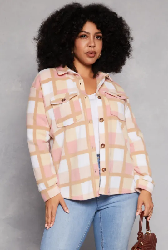 Plus Size Plaid Fleece Button Front Shacket sold by Rainbow