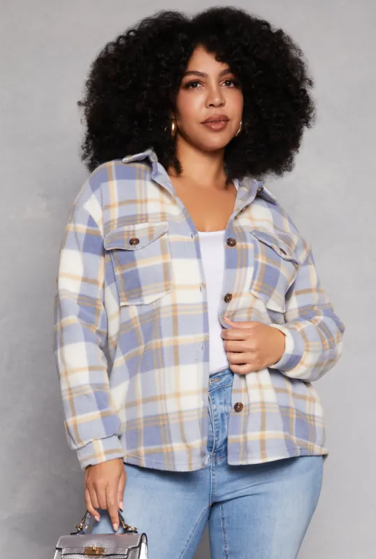 Plus Size Plaid Fleece Button Front Shacket sold by Rainbow