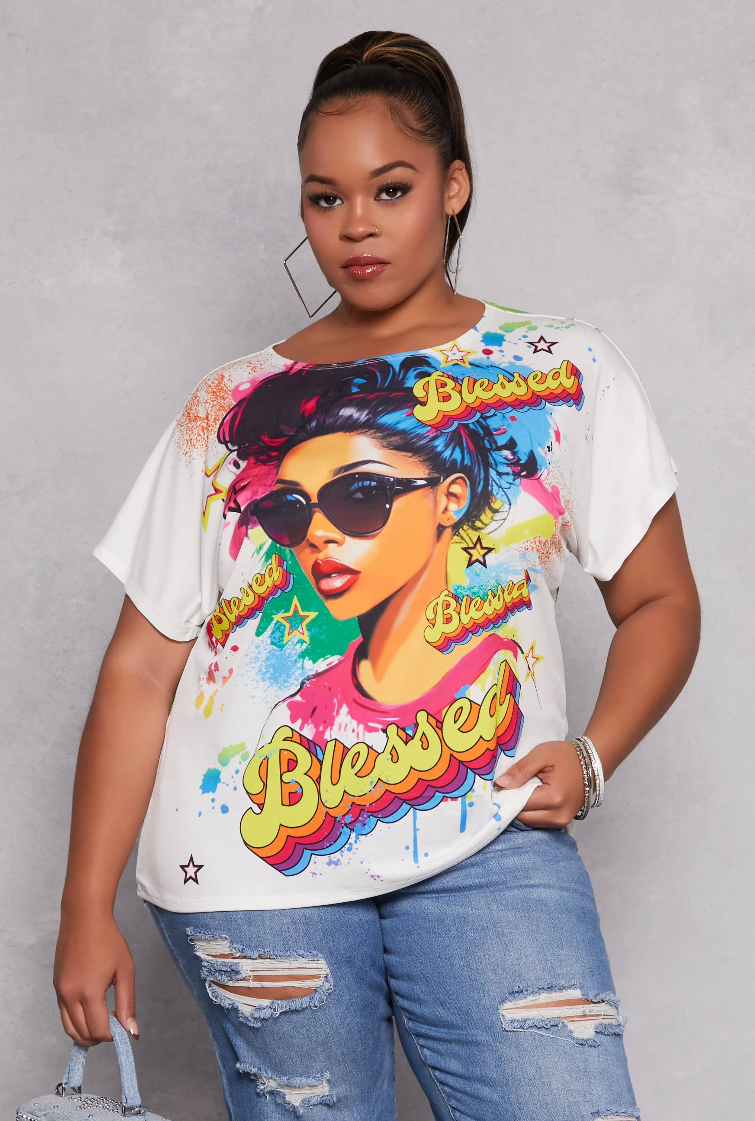Plus Size Blessed Graphic Print Top sold by Rainbow