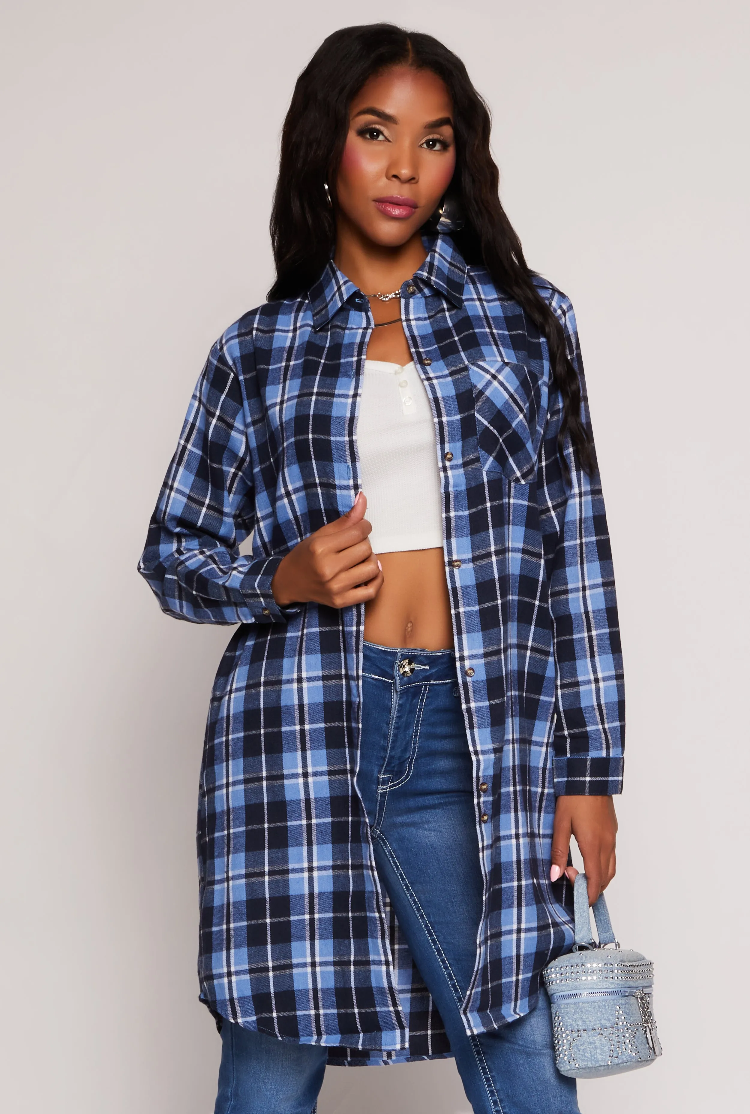 Spoon Jeans Plaid Button Front Tunic Shirt sold by Rainbow