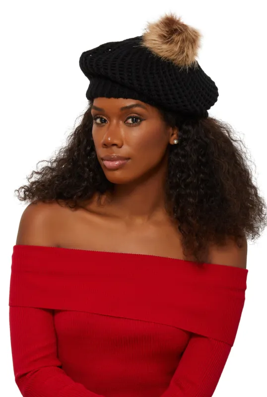Pom Pom Knitted Beret sold by Rainbow