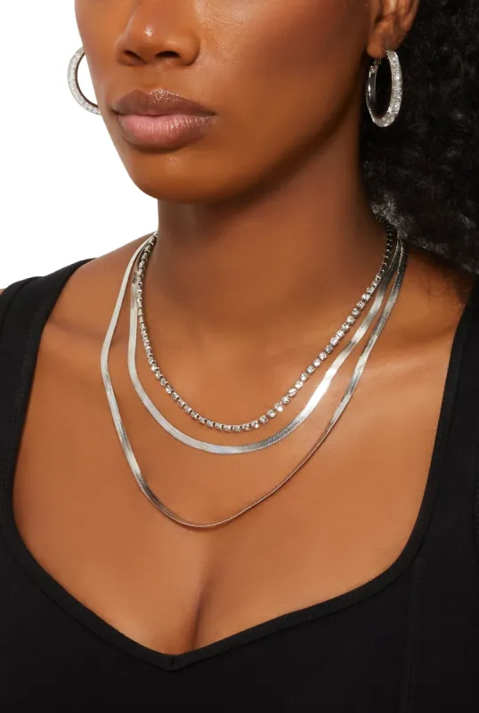 Cubic Zirconia Triple Layered Flat Necklace with Earrings sold by Rainbow