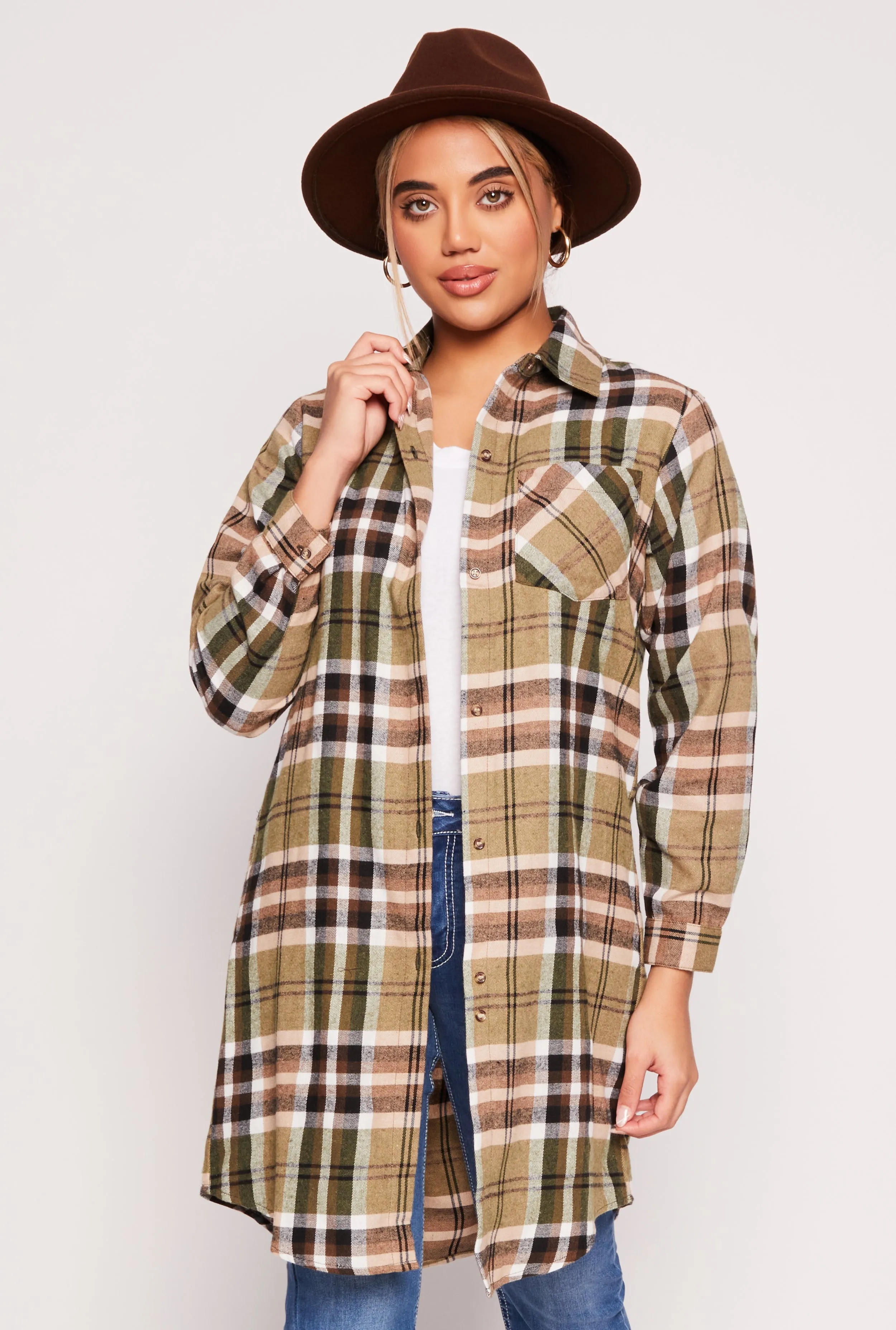 Spoon Jeans Plaid Button Front Tunic Shirt sold by Rainbow