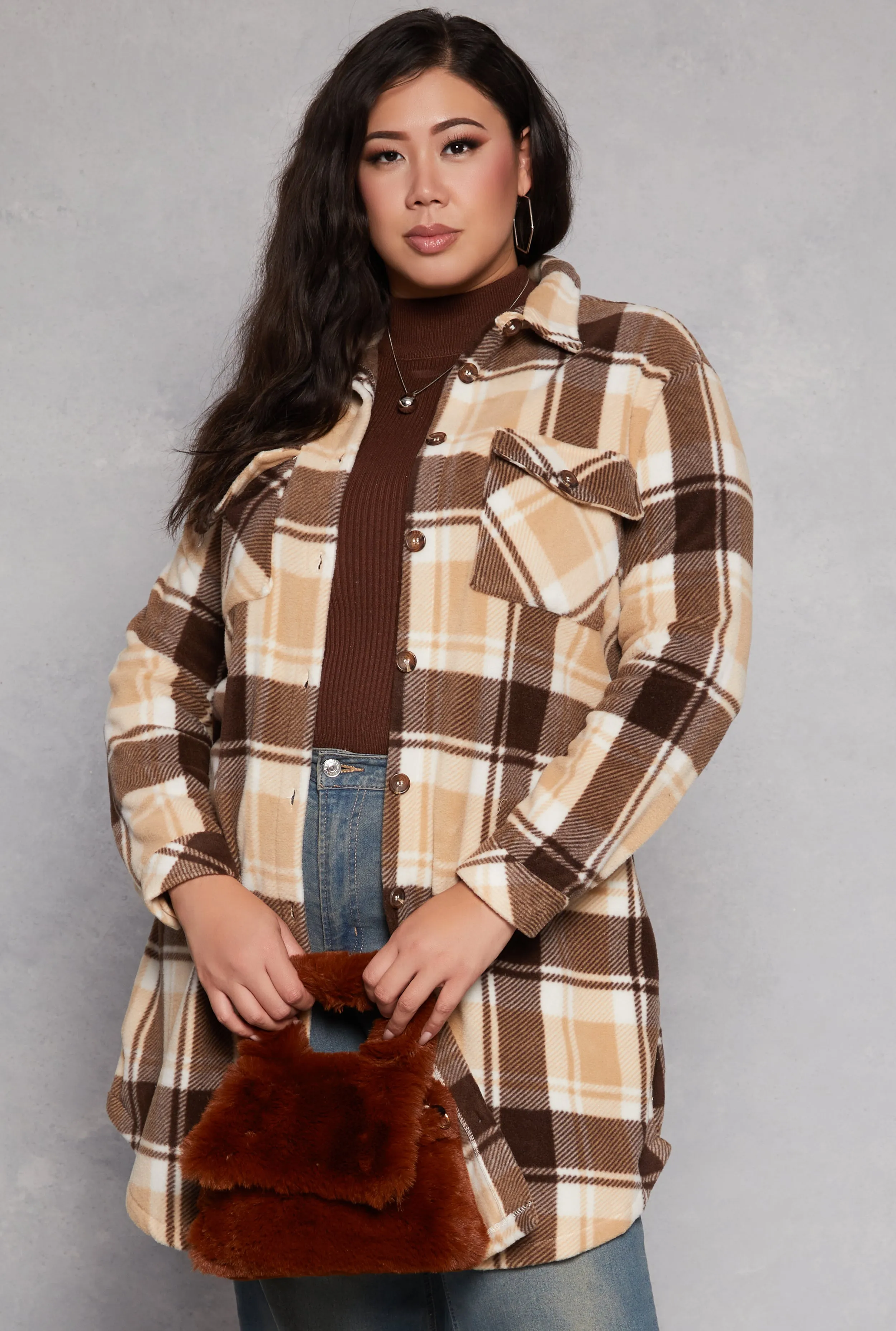 Plus Size Plaid Fleece Long Shacket sold by Rainbow