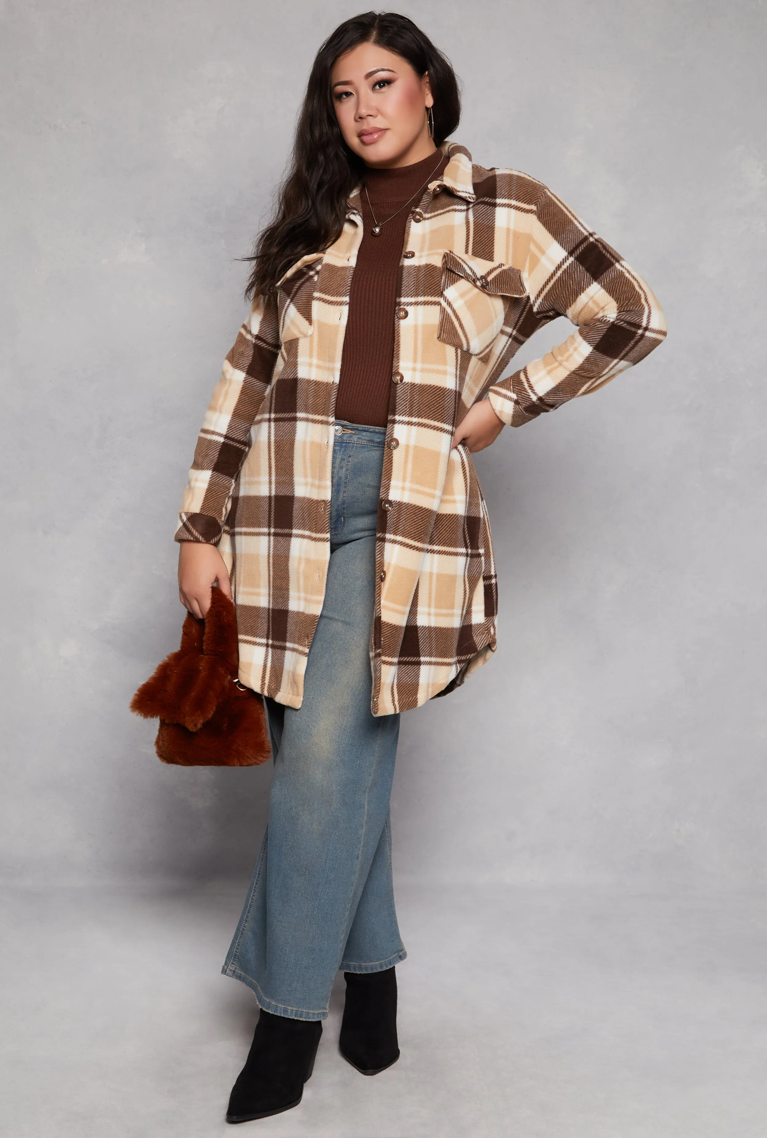 Plus Size Plaid Fleece Long Shacket sold by Rainbow product image thumbnail 2