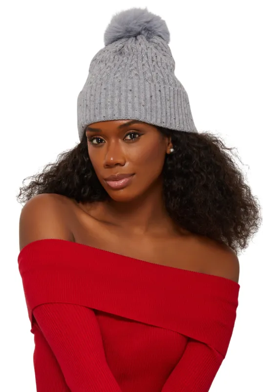 Rhinestone Cable Knit Pom Pom Beanie sold by Rainbow