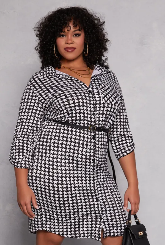 Plus Size Houndstooth Belted Shirt Dress sold by Rainbow