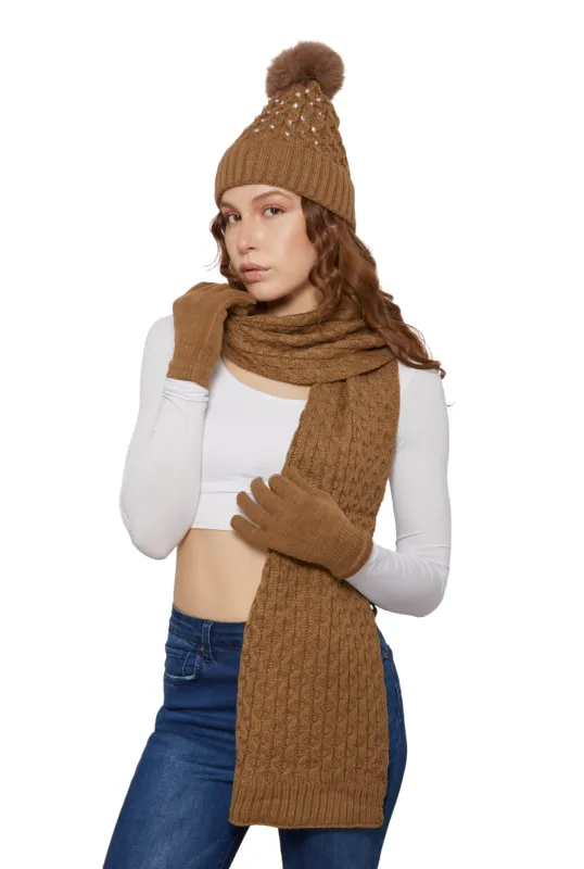 Rhinestone Beanie with Cable Knit Scarf and Gloves sold by Rainbow