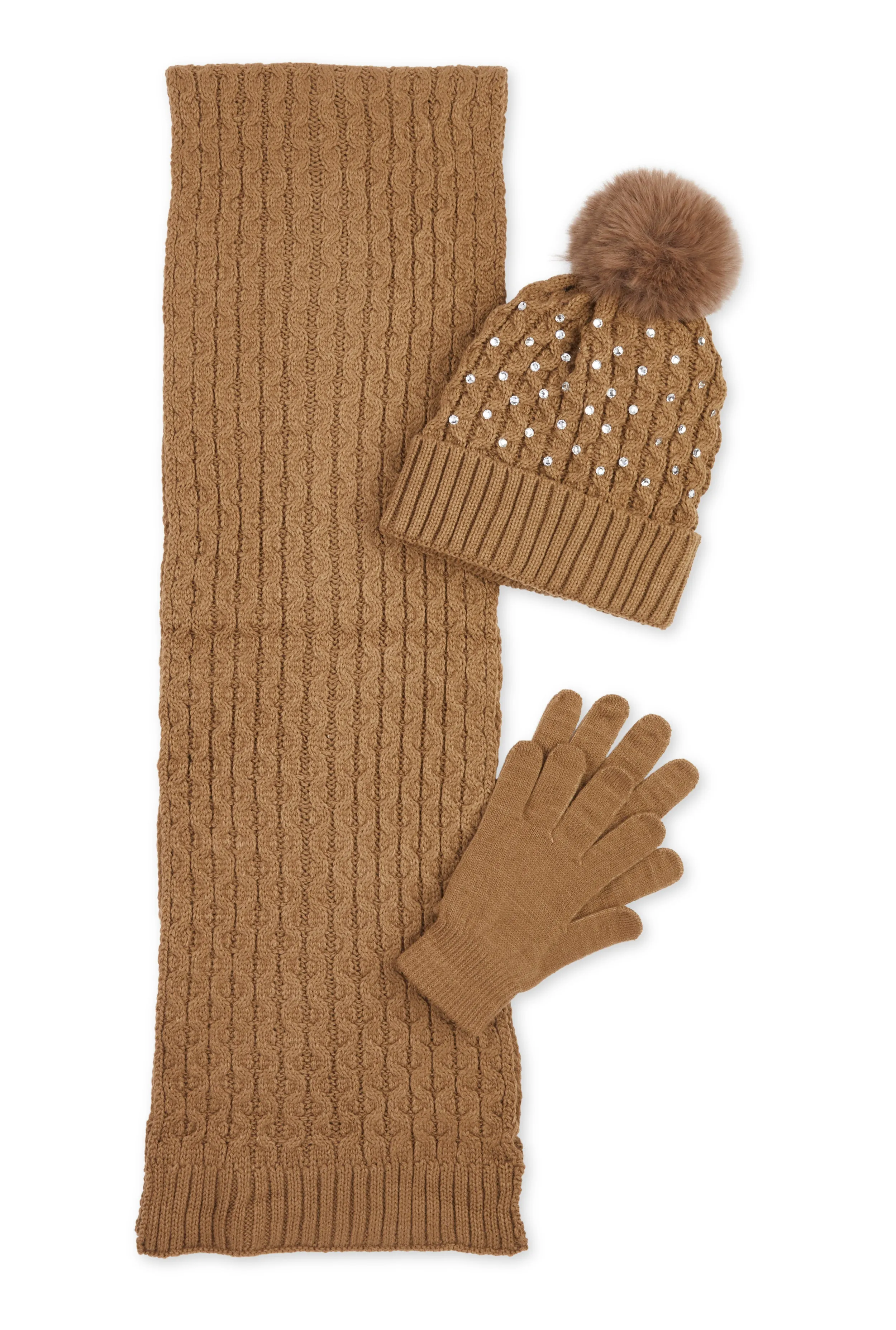 Rhinestone Beanie with Cable Knit Scarf and Gloves sold by Rainbow product image thumbnail 2