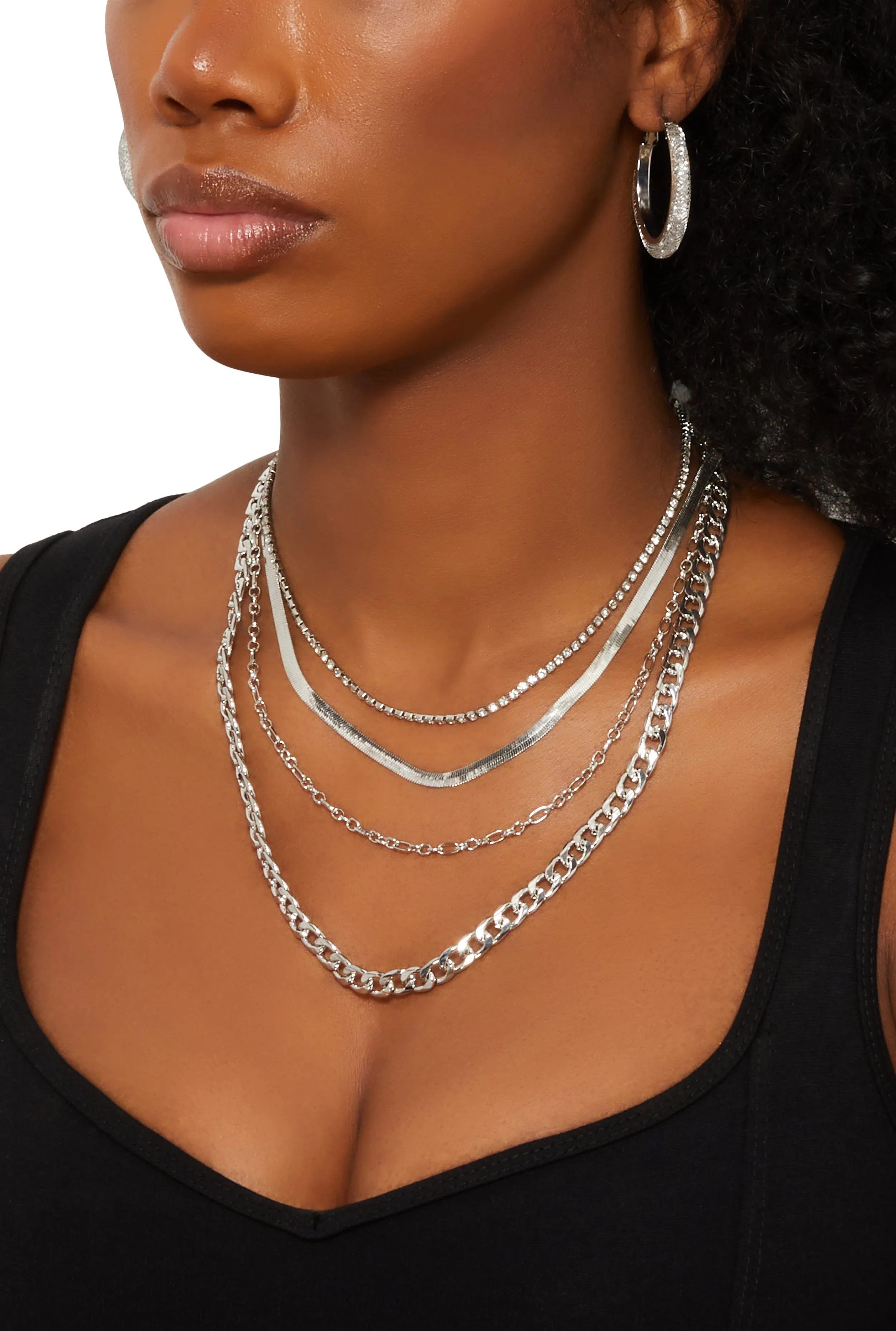 Layered Chain Necklace and Rhinestone Caged Hoop Earrings sold by Rainbow