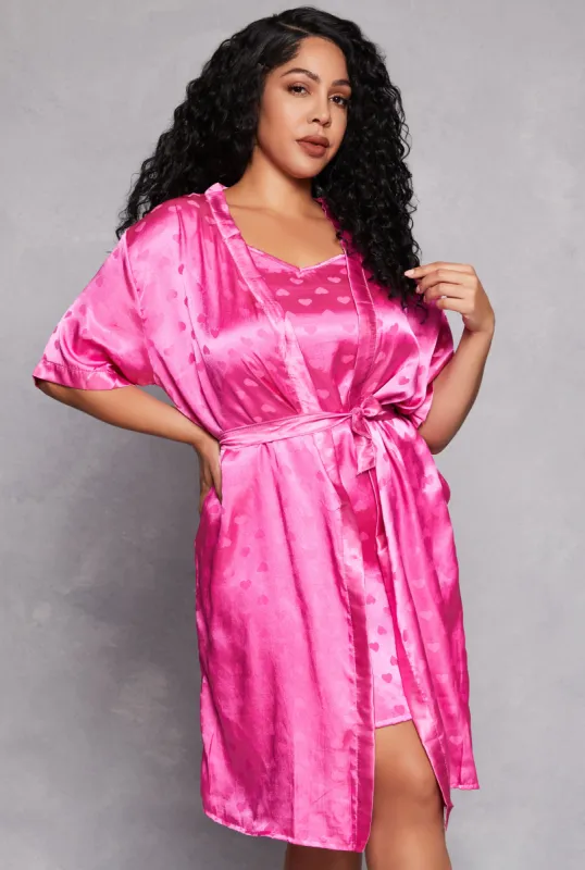 Plus Size Satin Heart Print Cami Nightgown with Robe sold by Rainbow
