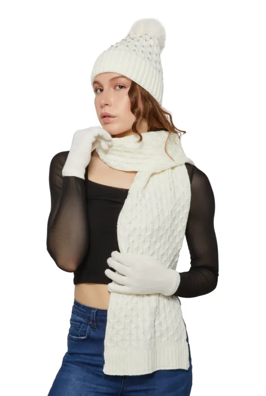 Rhinestone Beanie with Cable Knit Scarf and Gloves sold by Rainbow
