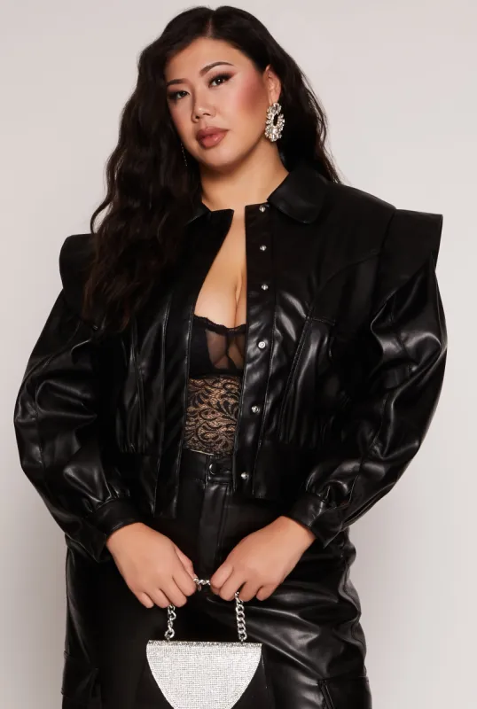 Plus Size Faux Leather Snap Button Front Jacket sold by Rainbow